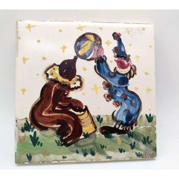 Franklin Co Circus Clown Tile Signed Svas Vintage Decor Handpainted Ball Stars - Picture 2 of 5